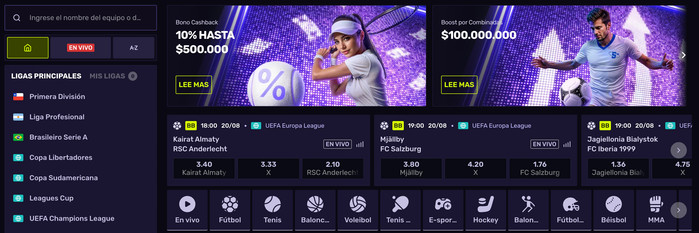 Casa de apuestas deportivas y cuotas en vivo en Sportune Casino